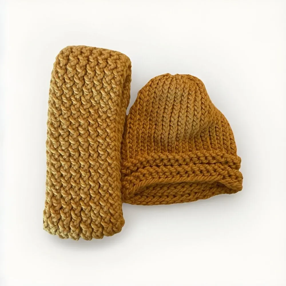 HANDMADE mustard yellow kids beanie hat and scarf set